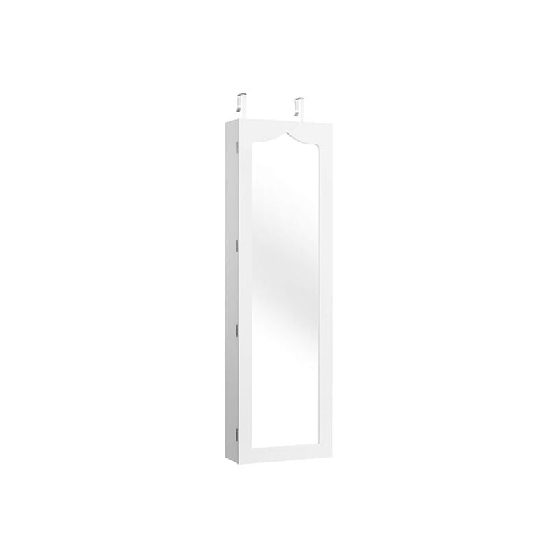 foto del prodotto armadio portagioielli con 5 luci led, porta che si chiude, armadio portagioielli montato a muro con specchio e 6 cassetti, organizer gioielli con
