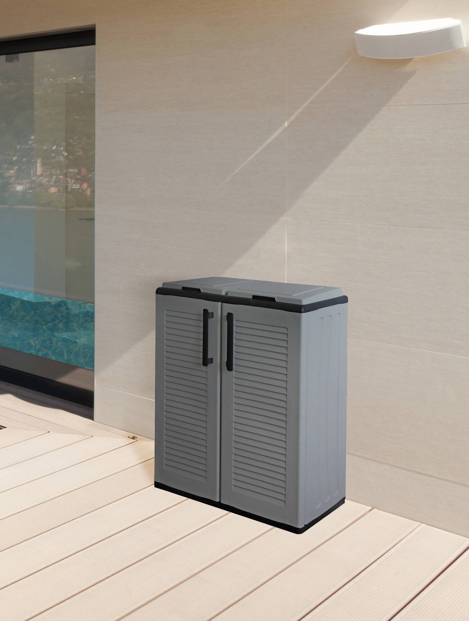 foto del prodotto armadio portarifiuti da esterno o alfred, mobile porta 2 sacchi a 2 ante per raccolta differenziata, 100 made in italy, cm 68x37h84, colore grigio