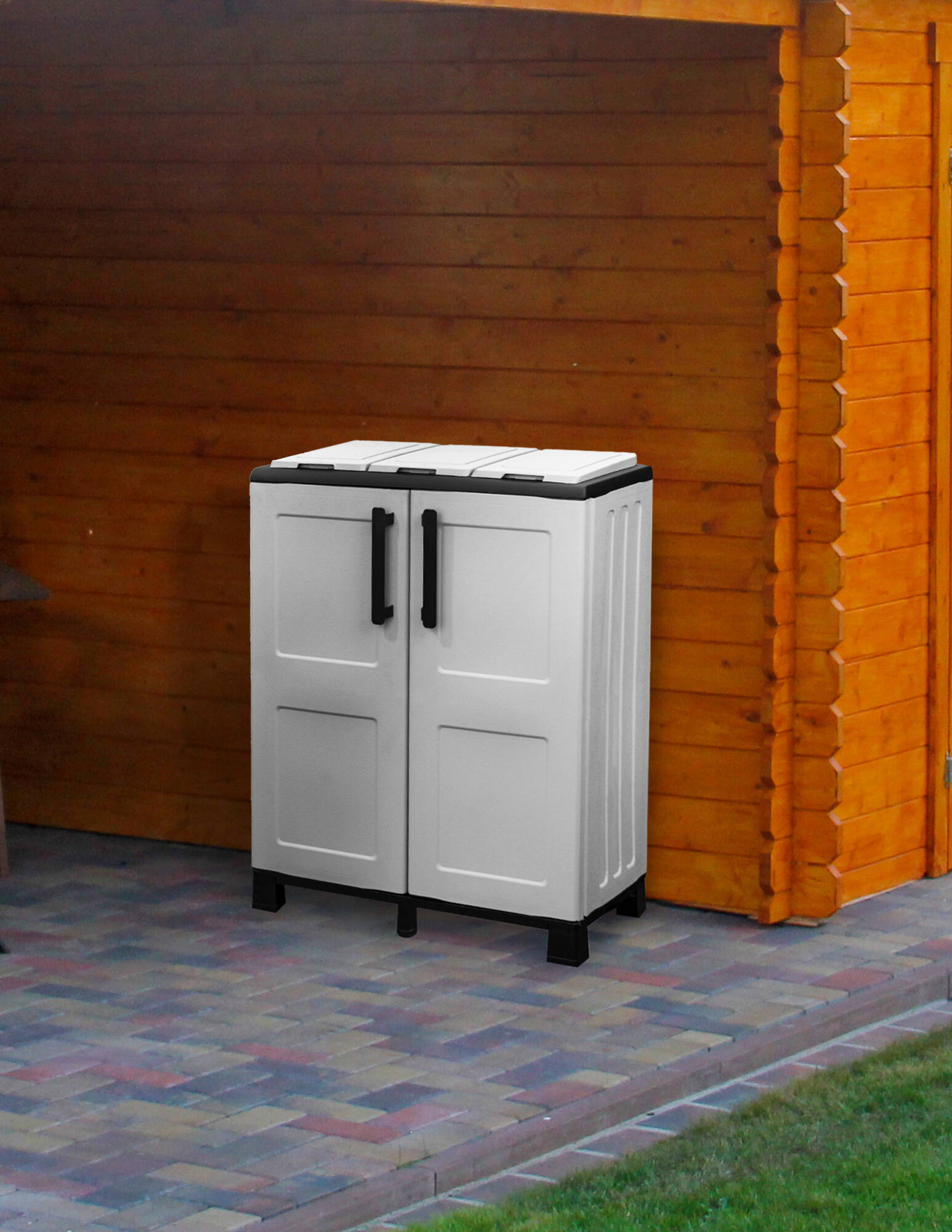 foto del prodotto armadio portarifiuti da esterno o anthea, mobile porta 3 sacchi a 2 ante, 100 made in italy, cm 68x37h90, colore grigio chiaro