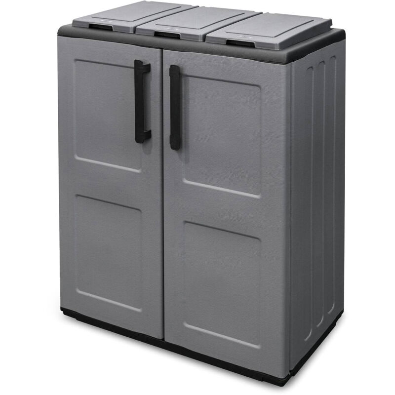 foto del prodotto armadio portarifiuti da esterno o interno, mobile porta 3 sacchi a 2 ante, 100 made in italy, cm 68x37h84, colore grigio, con imballo rinforzato