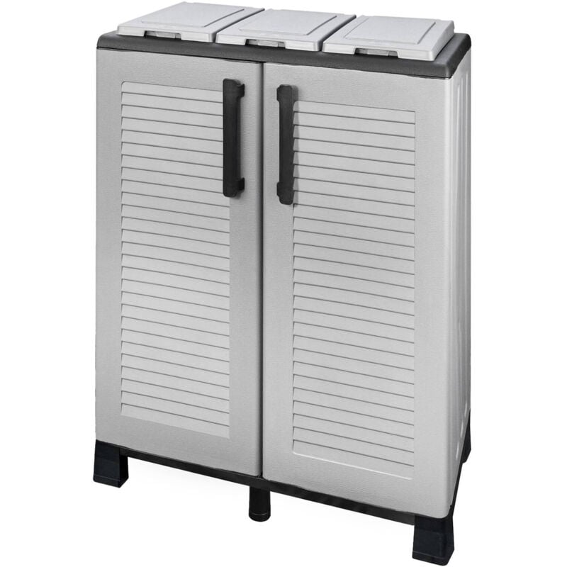 foto del prodotto armadio portarifiuti da esterno o interno, mobile porta 3 sacchi a 2 ante, 100 made in italy, cm 68x37h90, colore grigio chiaro, con imballo