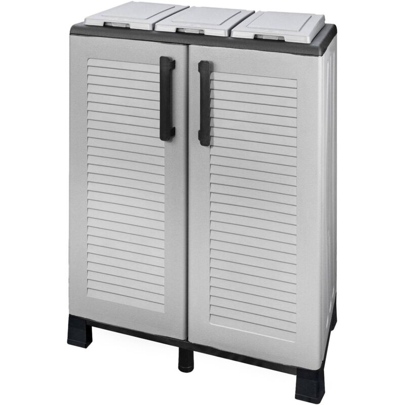 foto del prodotto armadio portarifiuti da esterno o interno, mobile porta 3 sacchi a 2 ante, 100 made in italy, cm 68x37h90, colore grigio chiaro, con imballo