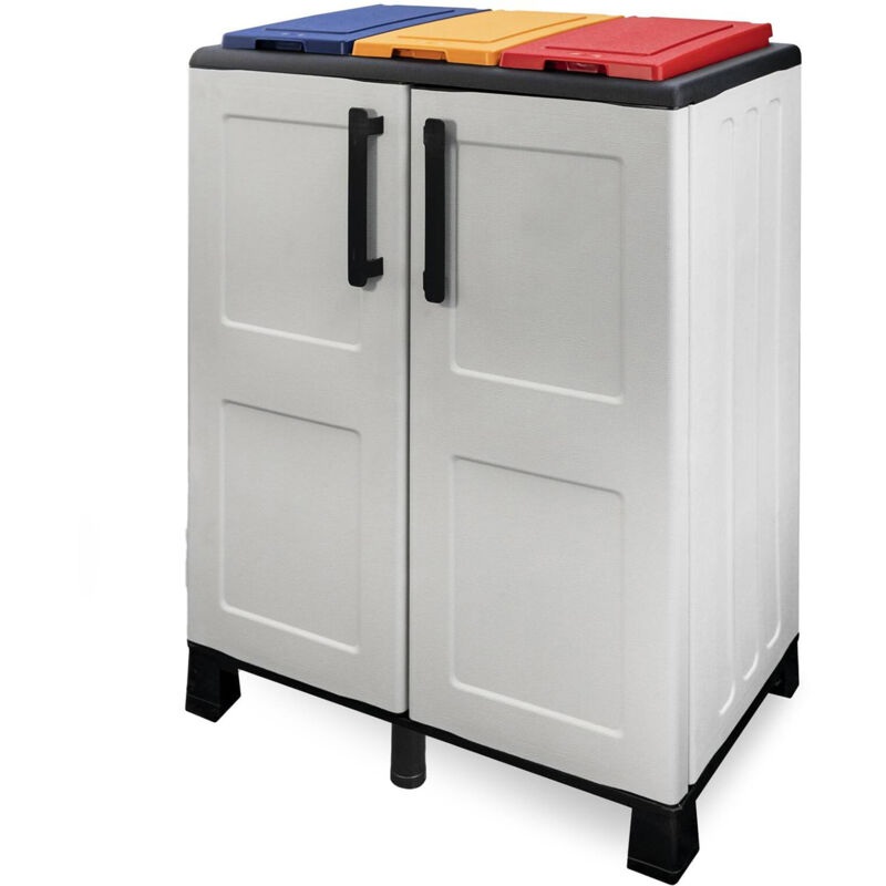 foto del prodotto armadio portarifiuti da esterno o interno, mobile porta 3 sacchi a 2 ante, 100 made in italy, cm 68x37h90, colore grigio chiaro e coperchi colorati,