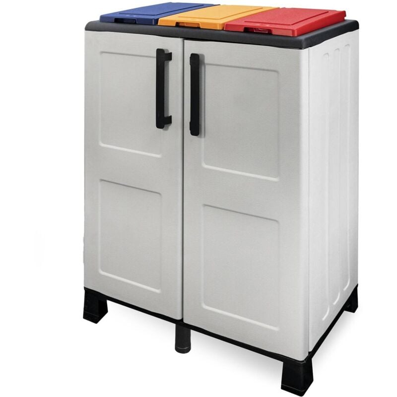 foto del prodotto armadio portarifiuti da esterno o interno, mobile porta 3 sacchi a 2 ante, 100 made in italy, cm 68x37h90, colore grigio chiaro e coperchi colorati,