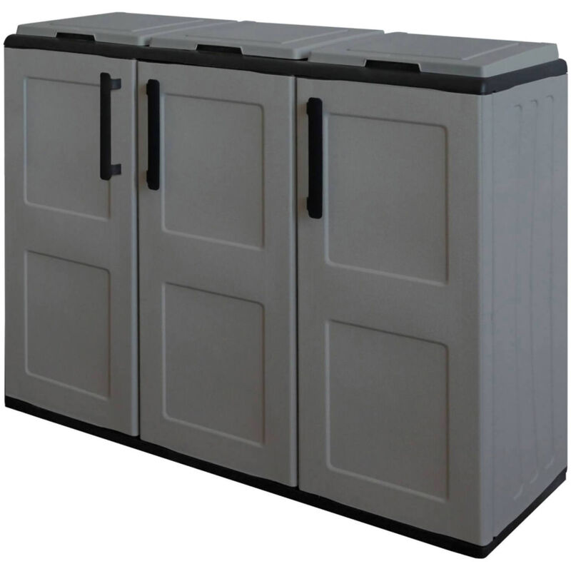 foto del prodotto armadio portarifiuti da esterno o interno, mobile porta 3 sacchi a 3 ante, 100 made in italy, cm 102x37h90, colore grigio, con imballo rinforzato