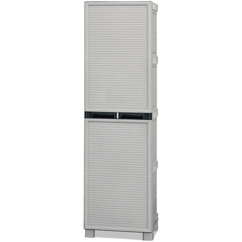 foto del prodotto armadio portascope da esterno o interno, mobile a 1 anta e 3 ripiani in polipropilene, 100 made in italy, cm 50x39h172, colore grigio chiaro, con