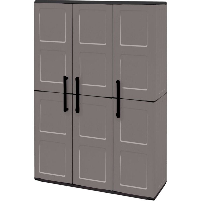 foto del prodotto armadio portascope da esterno o interno, mobile a 3 ante e 3 ripiani regolabili in polipropilene, 100 made in italy, cm 102x37h163, colore grigio,