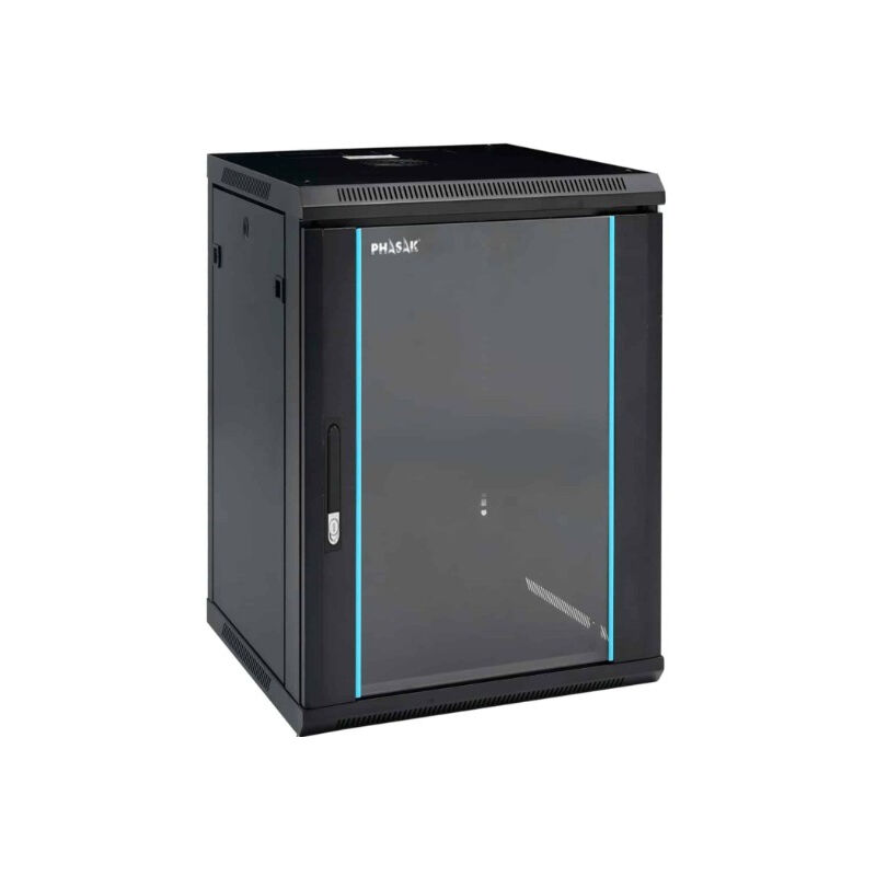 foto del prodotto armadio rack a parete phasak 18u 600x450, telaio nero, ideale per server e telecomunicazioni, design compatto e robusto, ventilazione efficiente e