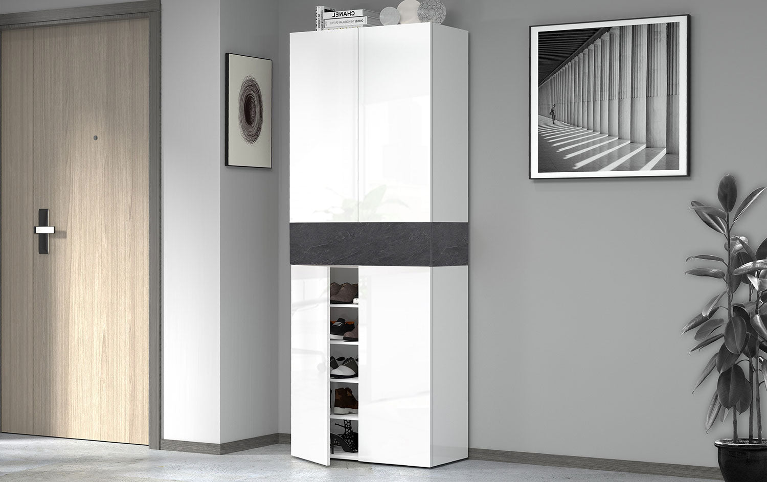 foto del prodotto armadio scarpiera 4 ante e 1 ripiano a ribalta 76x35x200 cm savona 4a 1r bianco opaco grigio ardesia