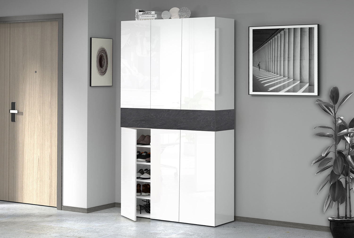 foto del prodotto armadio scarpiera 6 ante e 1 ripiano a ribalta 114x35x200 cm savona 6a 1r bianco opaco/grigio ardesia