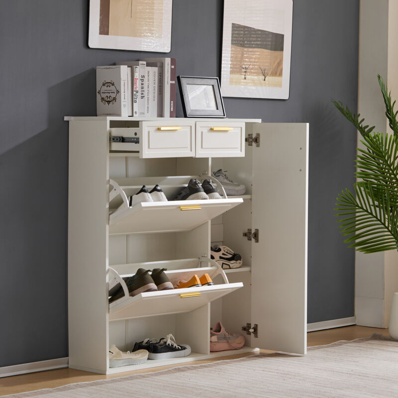 foto del prodotto armadio scarpiera ingresso 95x24x107cm con 2 cassetti 1 anta, 2 vani con ribalte, ripiani regolabili, pannello truciolare, bianco
