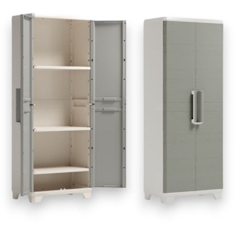 foto del prodotto armadio tuttopiani in resina da esterno a 2 ante effetto legno chiudibili con lucchetto linear wood keter