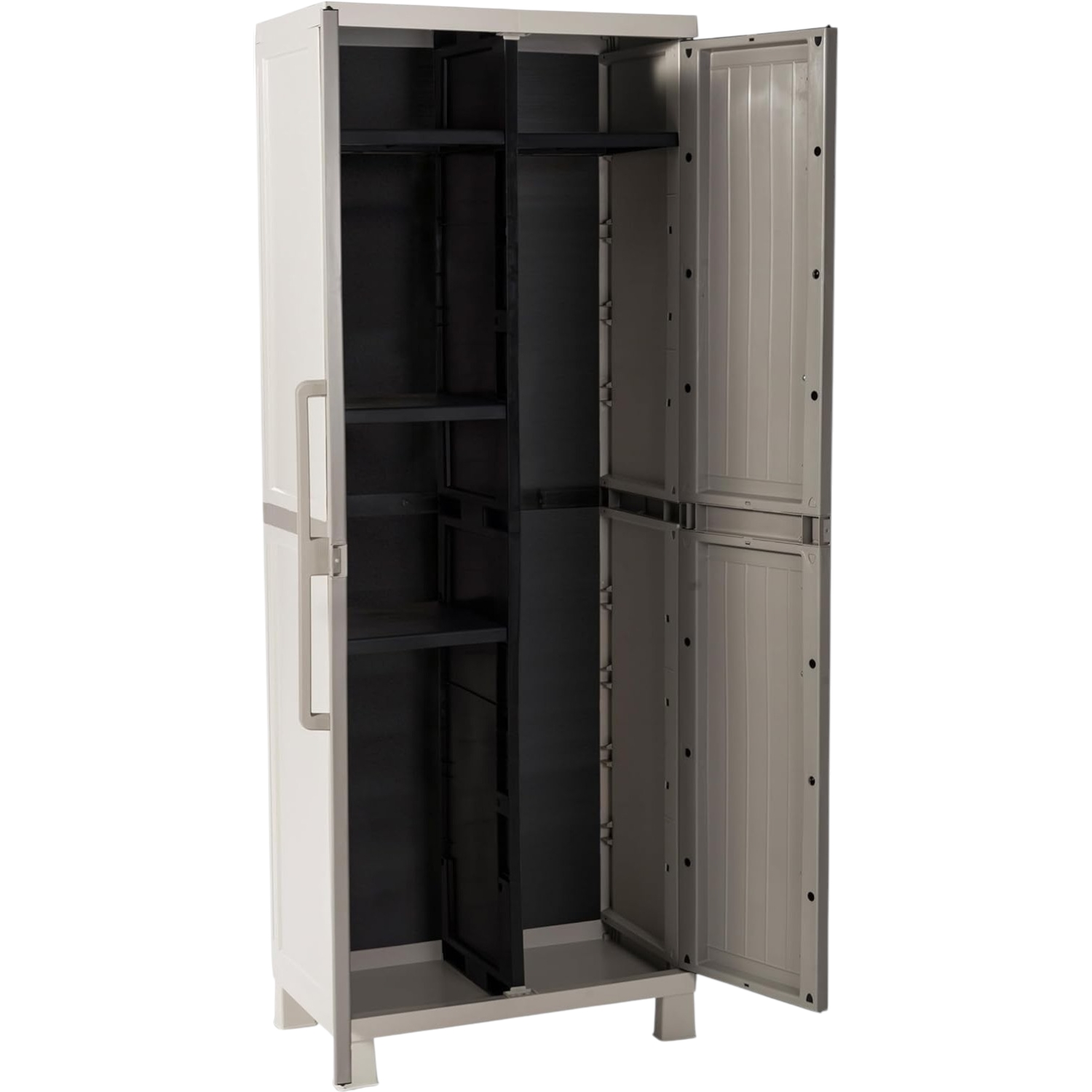 foto del prodotto armadio wood midi portascope con 4 ripiani interni, in plastica da interni ed esterni, colore grigio tortora grigio chiaro.