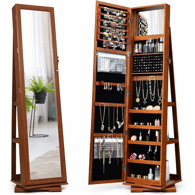 foto del prodotto armoire bijoux pivotante 360 degr s, avec grand miroir psych et etag re de rangement l arri re marron costway