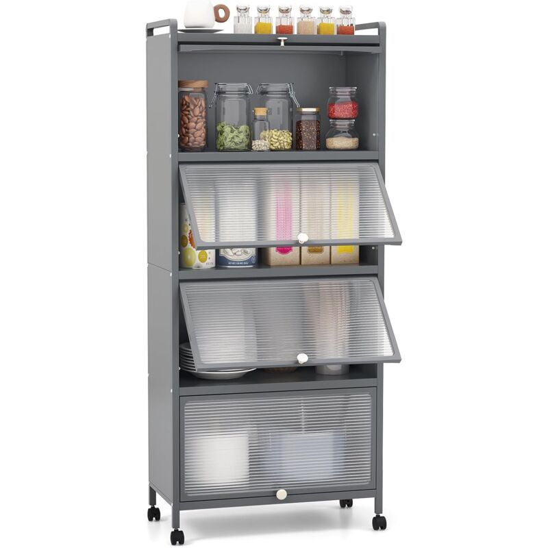 foto del prodotto armoire cuisine 5 niveaux, tag re cuisine 4 portes pc escamotables avec 4 roulettes, tag re micro ondes pour salle manger, salon, 60 x 32 x 154