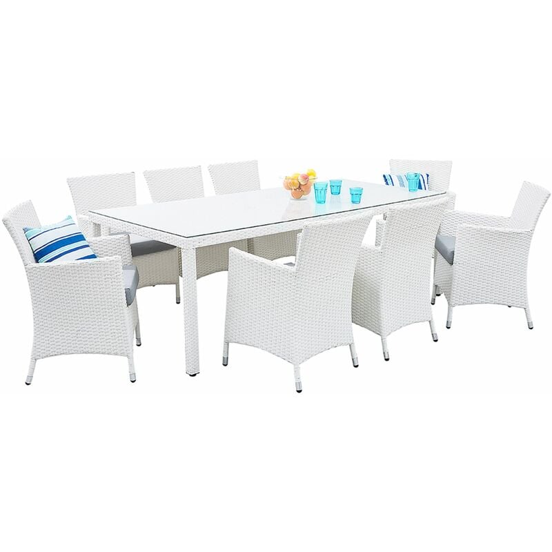 foto del prodotto arredamento da giardino set di tavolo 220 cm e 8 sedie da esterno in rattan bianco italy