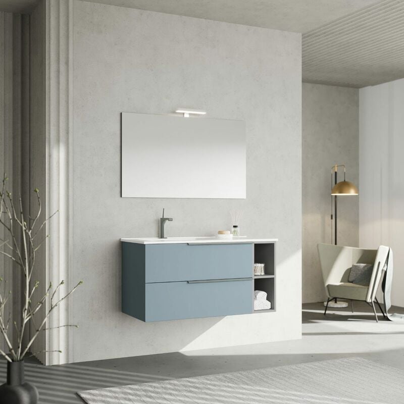 foto del prodotto arredo bagno sospeso 100cm celeste, lavabo e specchio con lampada new york
