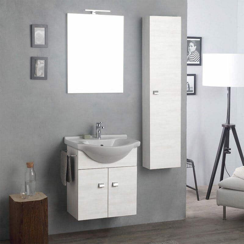 foto del prodotto arredo bagno sospeso mobile, specchio e colonna quercia bianco facile