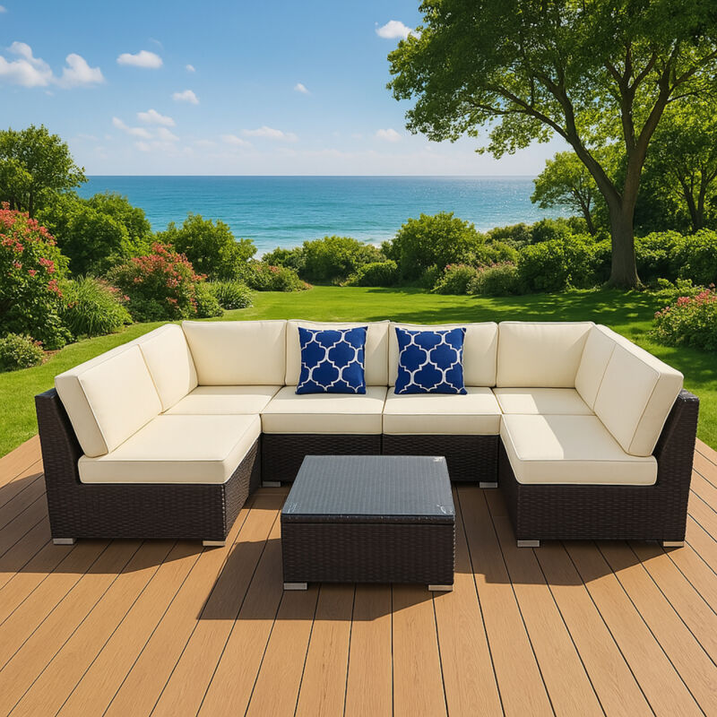 foto del prodotto arredo giardino modulare 6 posti in resina intrecciata - marrone e beige aldabra