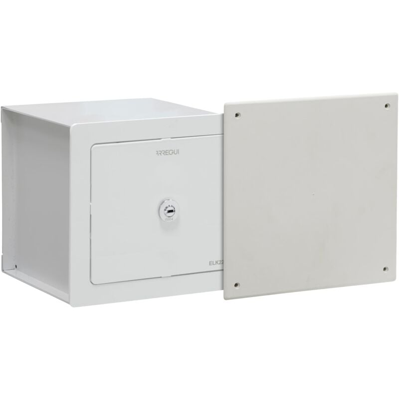 foto del prodotto arregui elek 22500w s1 cassaforte nascosta dietro al coperchio della cassetta di derivazione piccola cassaforte da incassare al muro 20x20x21 cm 5 l
