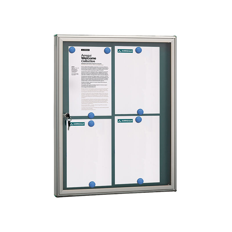 foto del prodotto arregui pan72 bacheca magnetica con anta battente per interni in alluminio, con serratura e chiave, 69 x 55 x 5 cm, contiene 4 fogli a4 argento
