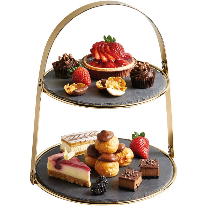 foto del prodotto artes alzata per dolci, a 2 livelli, con piatti da portata rotondi in ardesia e finitura in ottone, 29,5 x 29,5 x 35cm