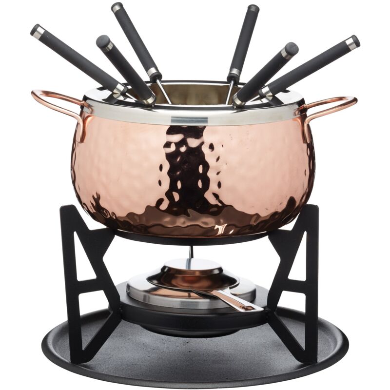 foto del prodotto artes set per fonduta con 6 forchette e ciotola in acciaio inox, ciotola in ceramica, supporto in metallo e bruciatore a doppio combustibile per