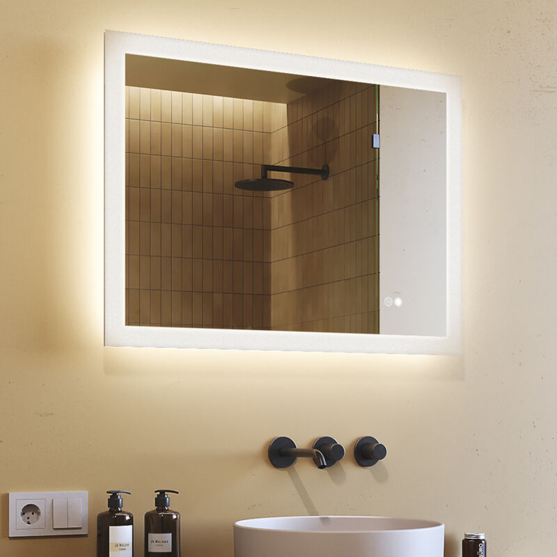 foto del prodotto artforma - specchio murale led 80x60 specchio da bagno con interruttore tattile mezzo e 3 temperature di colore, antifog