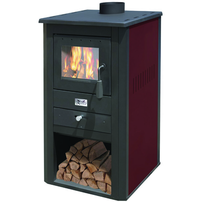 foto del prodotto artigianferro stufa a legna pallade 10,7 kw bordeaux misure cm.50x41x86h. peso kg.58