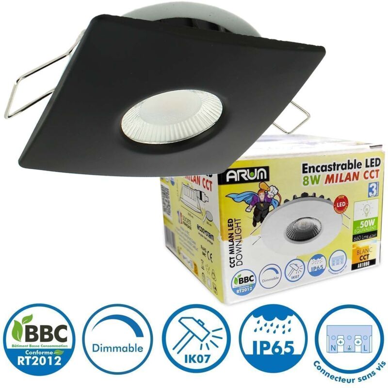 foto del prodotto arum lighting faretto led da incasso 8w milano cct ip65 ik07 black square bezel con trasformatore dimmerabile