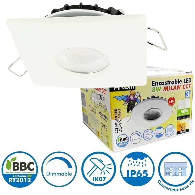 foto del prodotto arum lighting faretto led da incasso 8w milano cct ip65 ik07 ghiera quadrata bianca con trasformatore dimmerabile