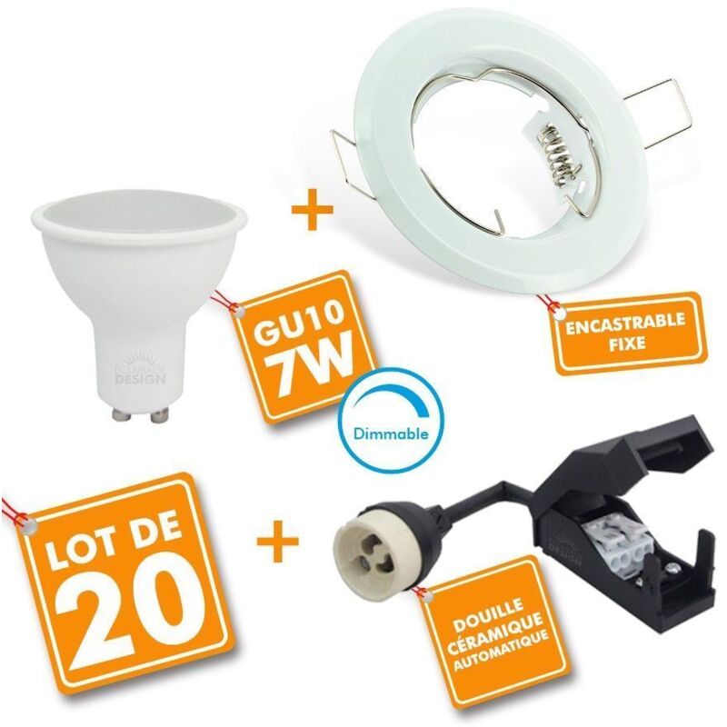 foto del prodotto arum lighting set di 20 faretti led ad incasso completo fissi bianchi con lampadina dimmerabile gu10 7w temp rature de couleur bianco caldo 2700k