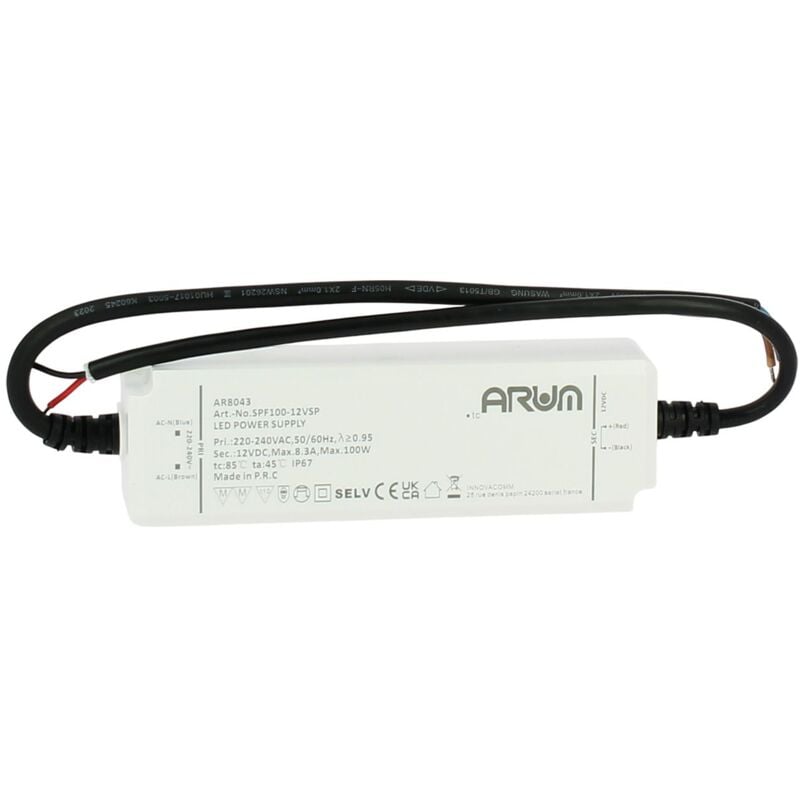 foto del prodotto arum lighting trasformatore led ip67 selv 100w 220v 12v dc 8.3a impermeabile