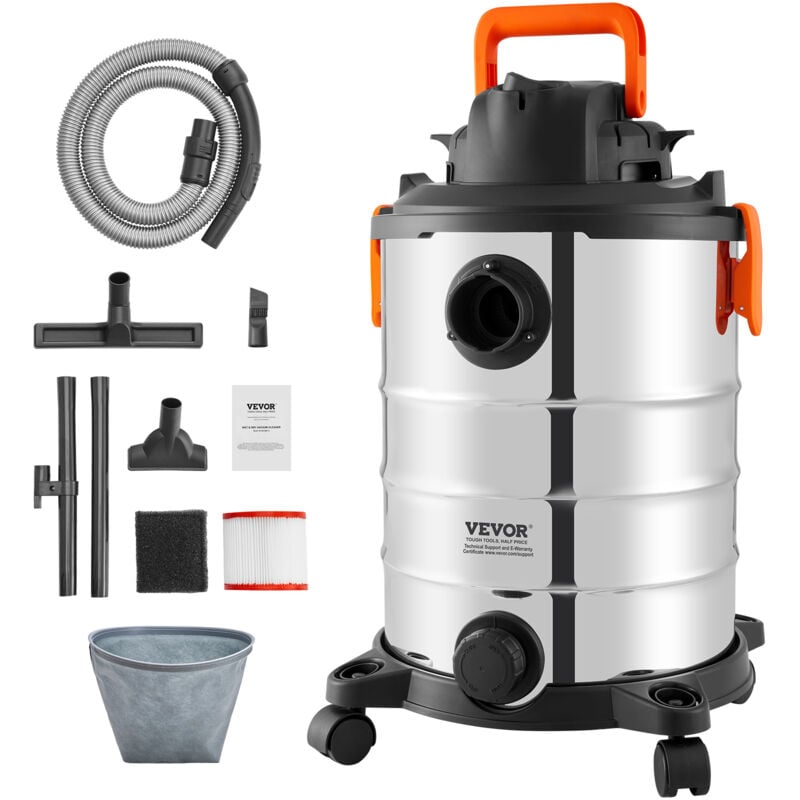 foto del prodotto aspirapolvere per umidi secchi 30 l, aspirapolvere portatile in acciaio inox per officina garage, 6 hp max, aspirazione con ugello, rotelle, per
