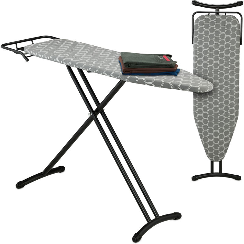 foto del prodotto asse da stiro pieghevole, tavolo ferro a vapore, piano per stirare salvaspazio, 110x33 cm, copriasse, grigio relaxdays