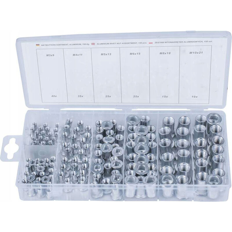 foto del prodotto assortimento 150pz dadi per rivetti filettati in alluminio art.9040