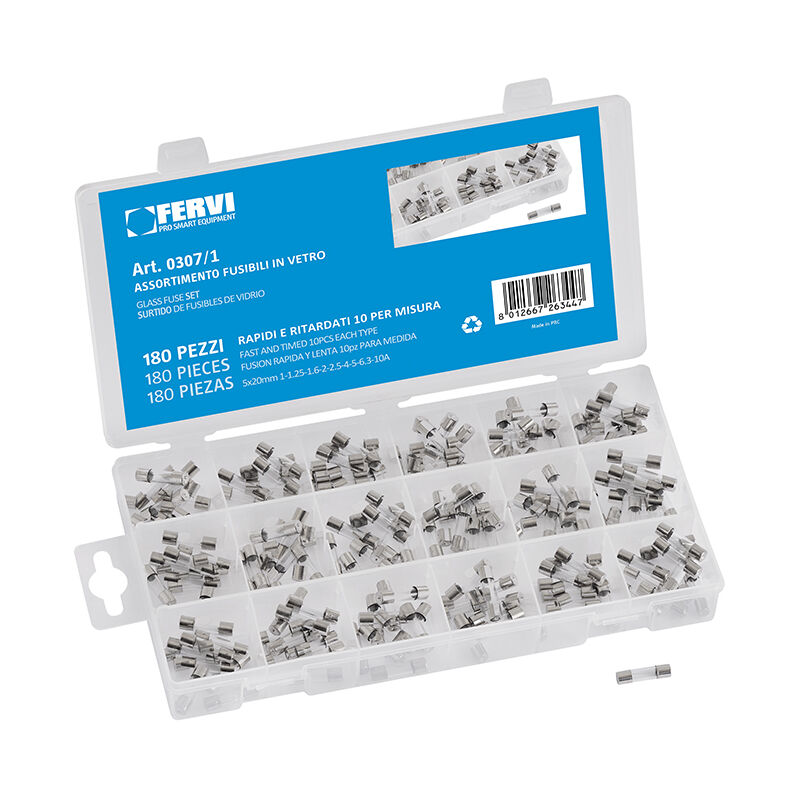 foto del prodotto assortimento 180 fusibili in vetro fervi 0307 1