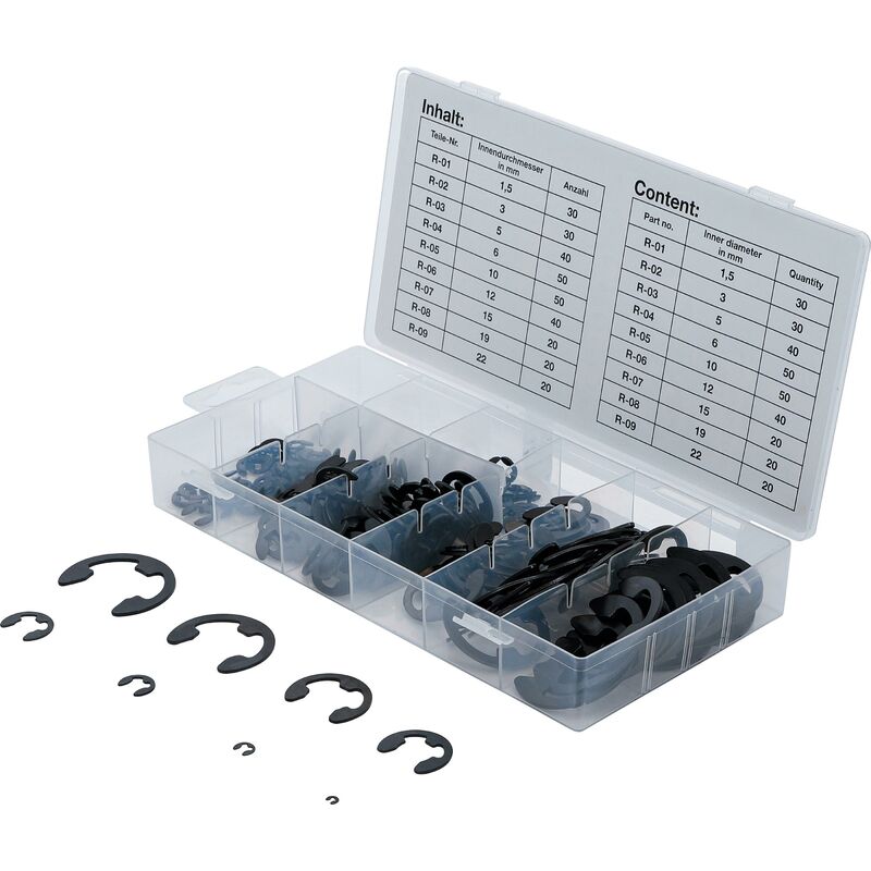foto del prodotto assortimento anelli elastici di sicurezza tipo e 1,5 22 mm 300 pz.