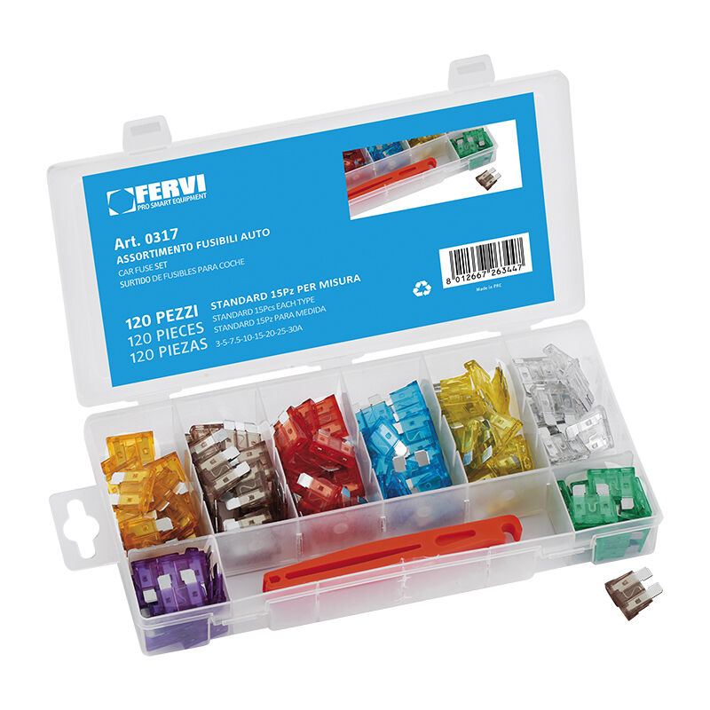 foto del prodotto assortimento di 120 fusibili standard per auto fervi 0317