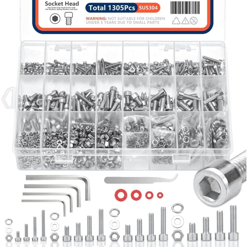 foto del prodotto assortimento di 1305 viti metriche, set di bulloni e dadi serratura e rondella piatta , viti a testa esagonale m2 m3 m4 m5, set di dadi e bulloni in