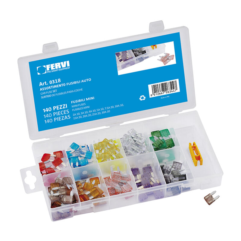 foto del prodotto assortimento di 140 mini fusibili per auto fervi 0318