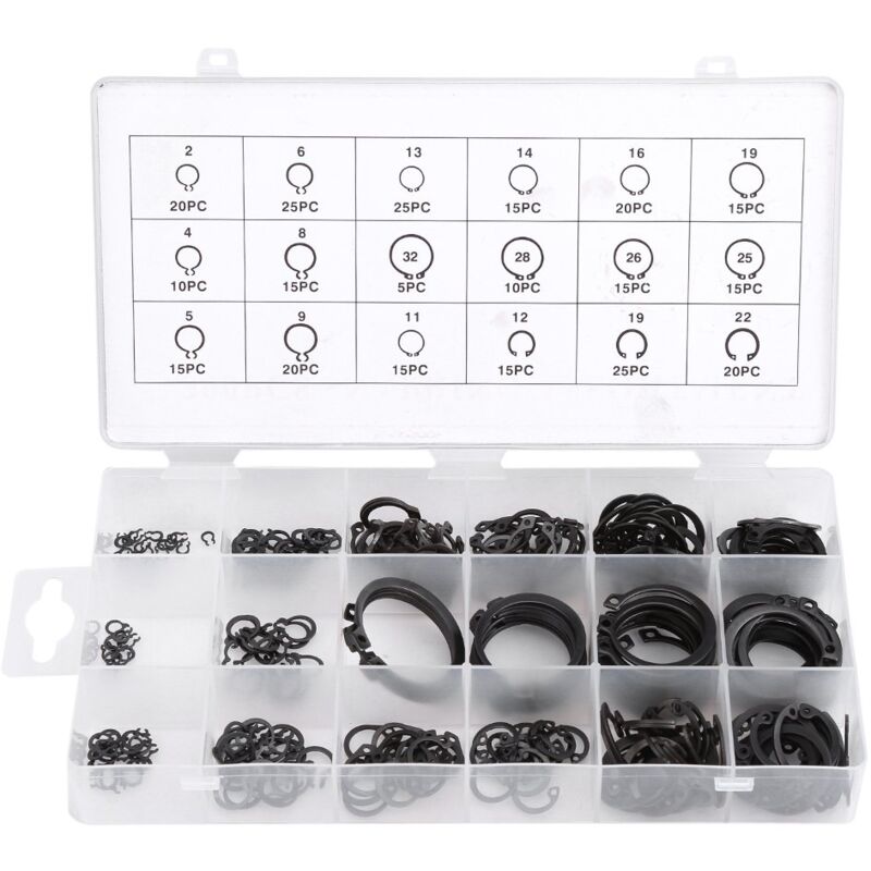 foto del prodotto assortimento di anelli elastici e clip da 300 pezzi, kit di anelli di sicurezza neri, set di assortimento di anelli elastici esterni da 2 mm a 32 mm