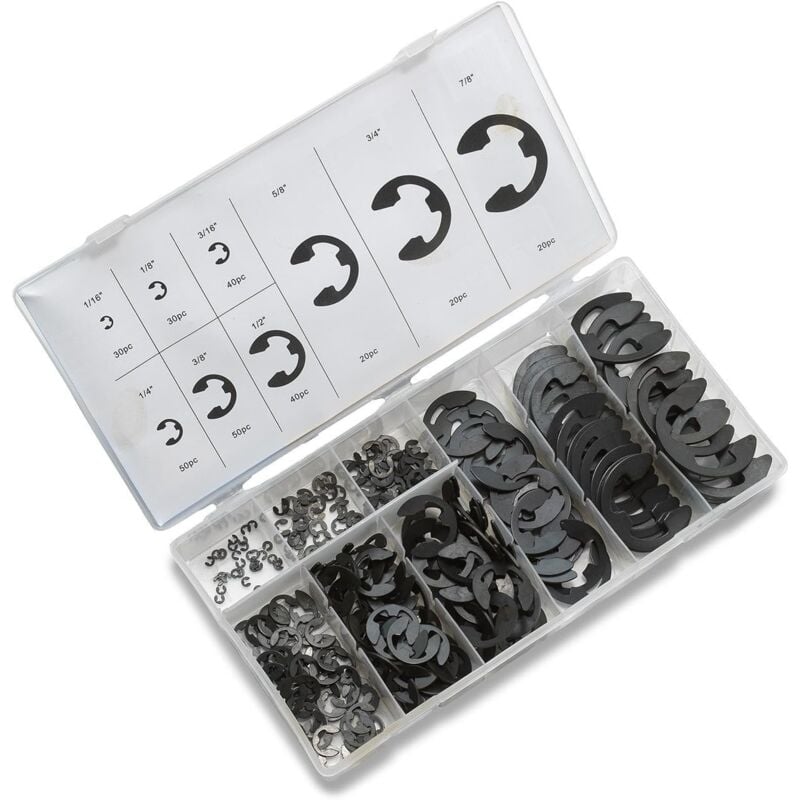 foto del prodotto assortimento di clip e dpzo da 300 pezzi, 9 misure sae, clip di fissaggio esterne trattate termicamente, kit di anelli elastici in acciaio ad alto