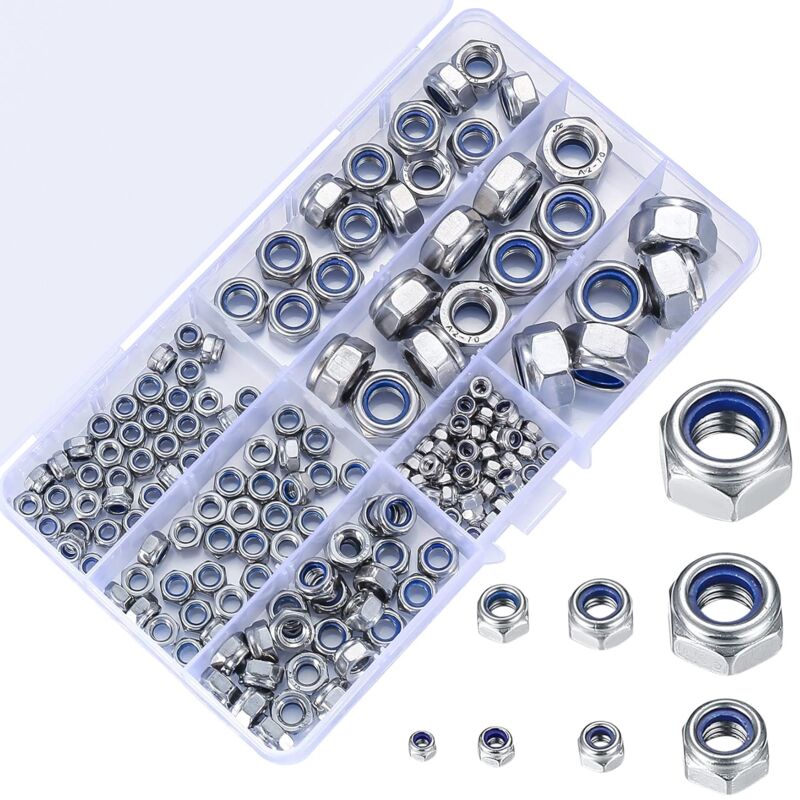 foto del prodotto assortimento di dadi autobloccanti da 200 pezzi, dadi autobloccanti in acciaio inossidabile, dadi esagonali, inserti filettati m3 m4 m5 m6 m8 m10