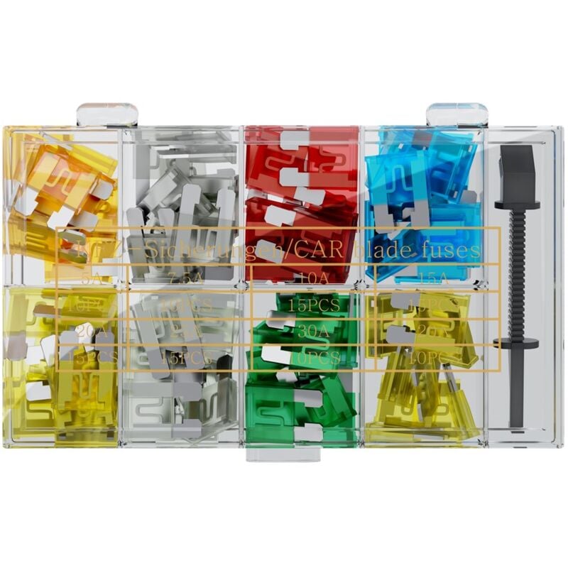 foto del prodotto assortimento di fusibili per l auto, 101 pz., dimensioni dei fusibili piatti 19,1 x 5,1 x 18,5 mm.