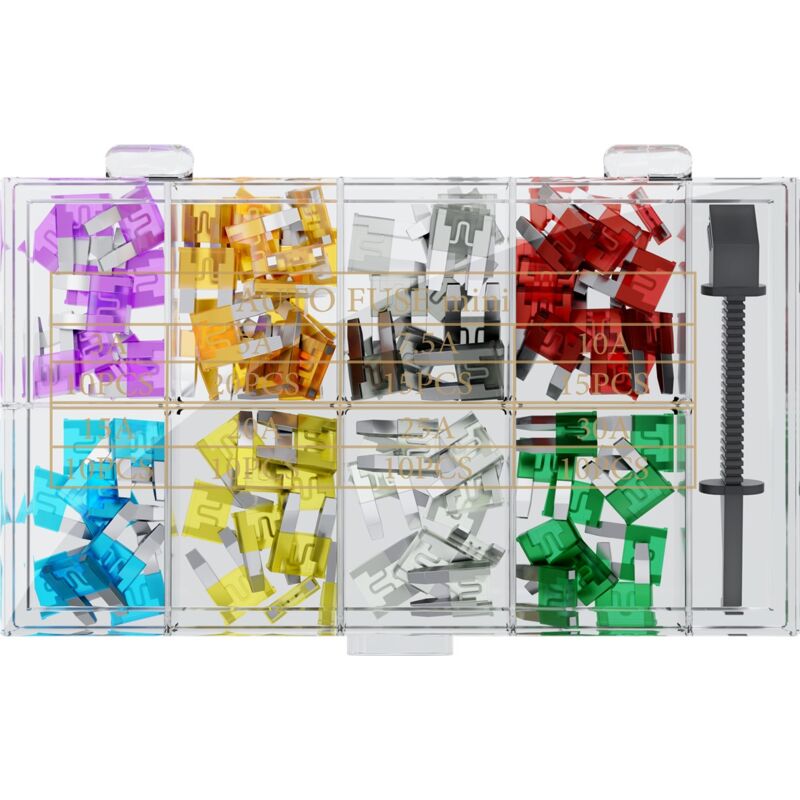 foto del prodotto assortimento di fusibili per l auto, 101 pz., dimensioni del fusibile dell auto 16,7 x 11,2 x 3,81 mm.