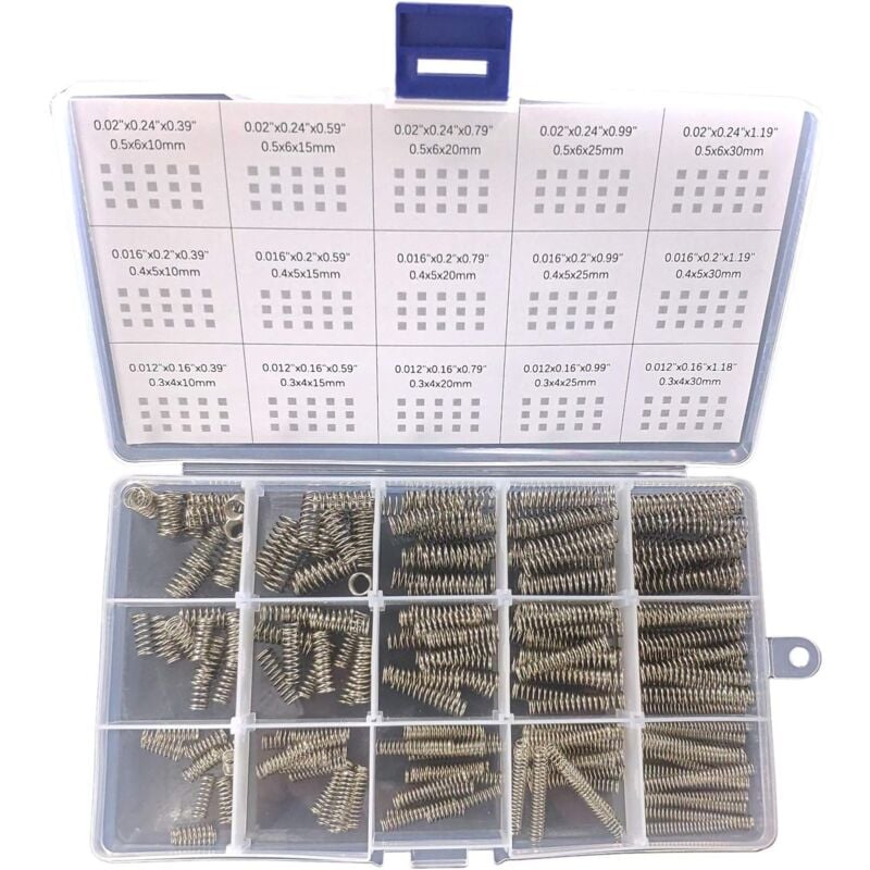 foto del prodotto assortimento di molle a compressione, 15 misure diverse, 225 mini molle in acciaio inox per riparazioni, lunghezze da 1 cm a 3 cm, diametro esterno