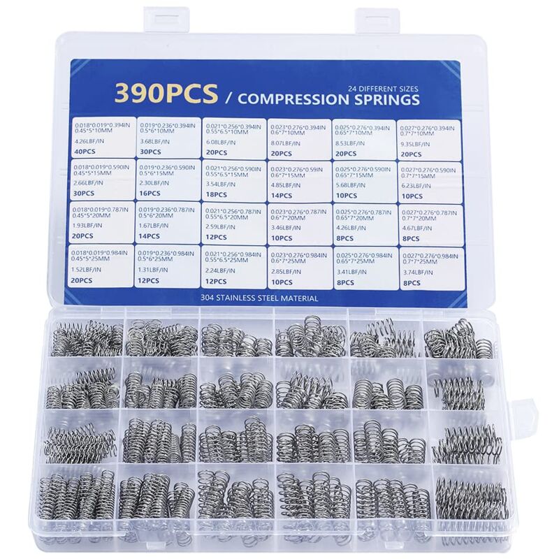 foto del prodotto assortimento di molle di compressione, 390 pezzi di 24 molle in acciaio inossidabile di diverse dimensioni, negozio di assortimenti di molle e