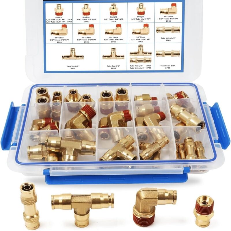 foto del prodotto assortimento di raccordi per linea freno aria dot da 32 pezzi in ottone, 1 4 , 3 8 , 1 2 , kit di raccordi per pressione pneumatica, raccordi a