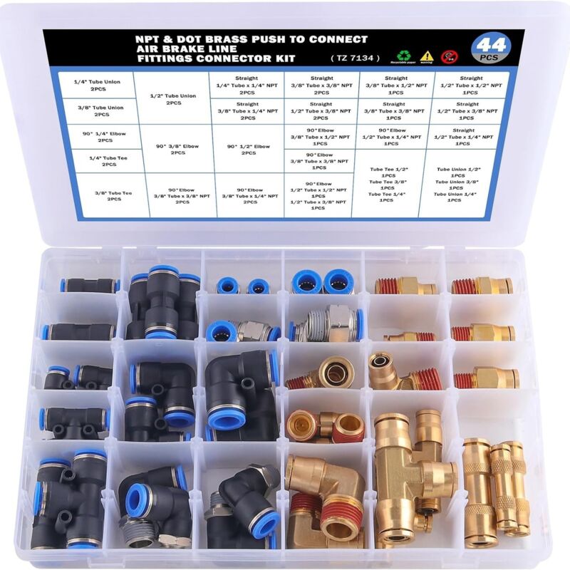 foto del prodotto assortimento di raccordi per tubi aria dot, 44 raccordi a innesto maschio npt e kit di raccordi linea freno aria dot in ottone
